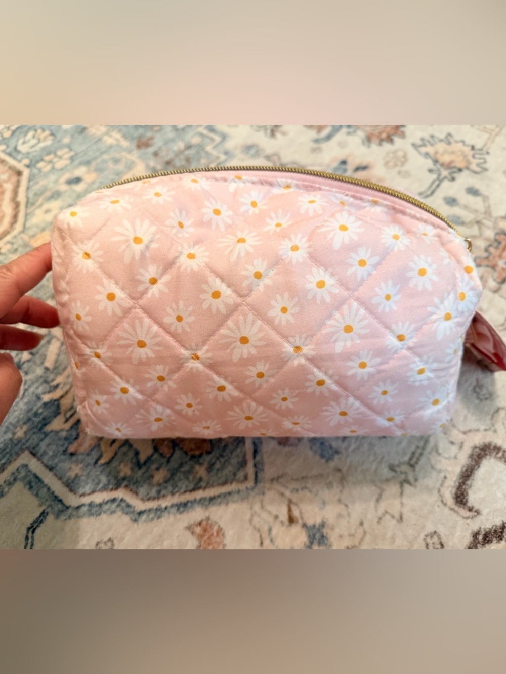 Pink Quilted Daisy Cosmetic Pouch with Gold Zipper